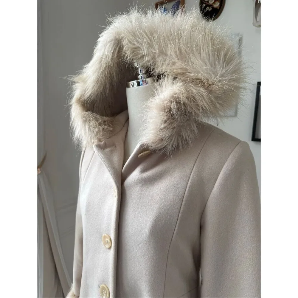 Rothschild Vanilla Penny Lane Style Wool A-line Coat Faux Fur Trim Youth 16 Wmns